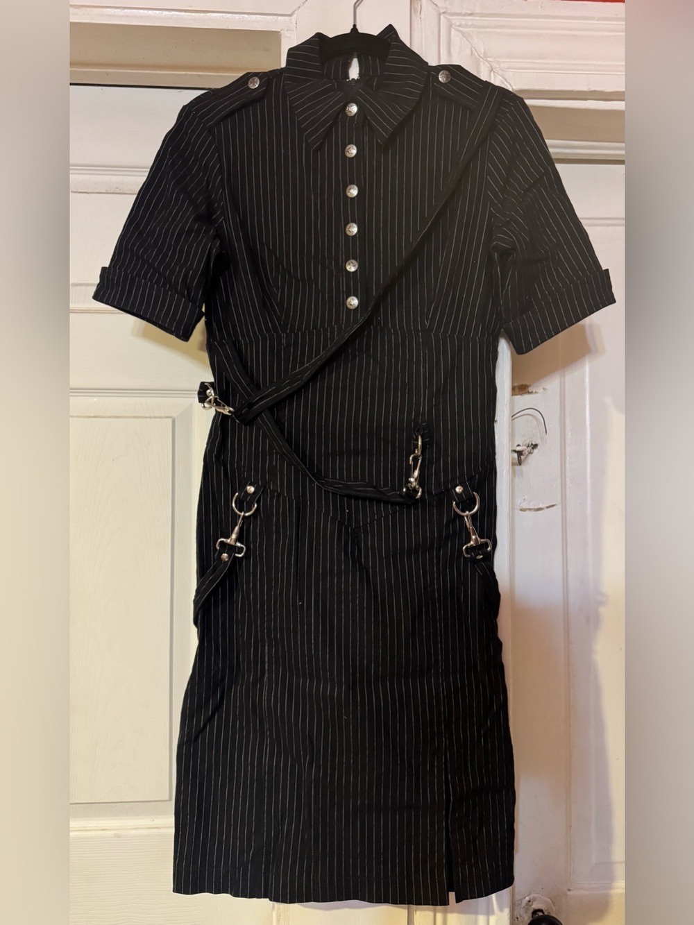 Vintage 90s Lip Service pinstripe Gangsta Pranksta bondage military goth dress M